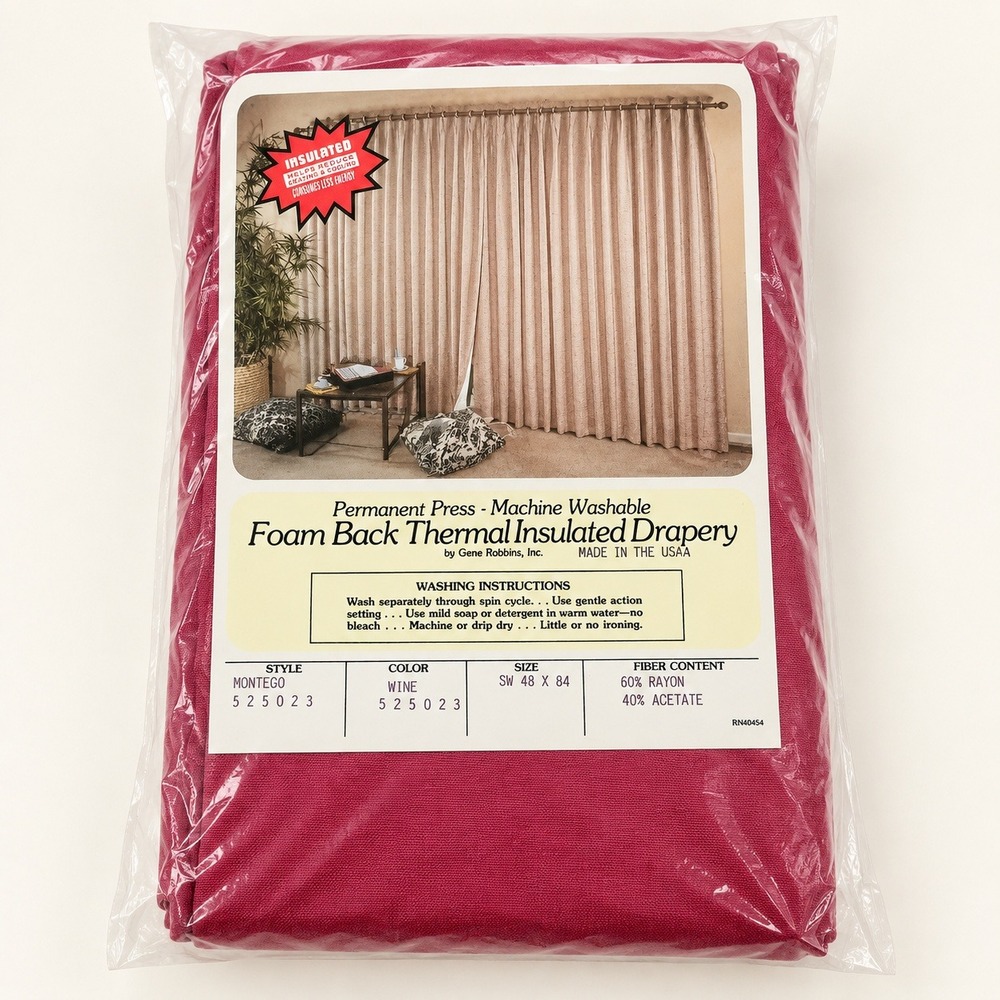 1970s Thermal Insulated Curtain Panel 48x84 Wine Red Gene Robbins NOS USA
